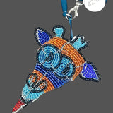 Colorful beaded keychain with blue strap on a white background